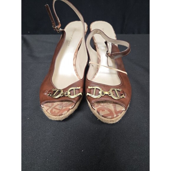 Etienne Aigner Brown Leather Cork Wedge Slingback Sandals Size 9.5 - Picture 2 of 7